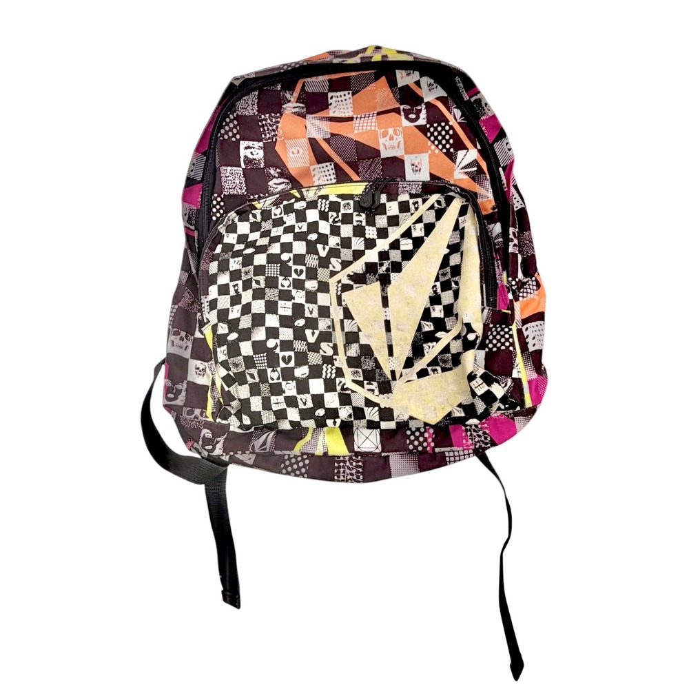 Vintage Volcom Vintage Backpack Y2K Skull Checkerboard Graphic Print Skate Bag